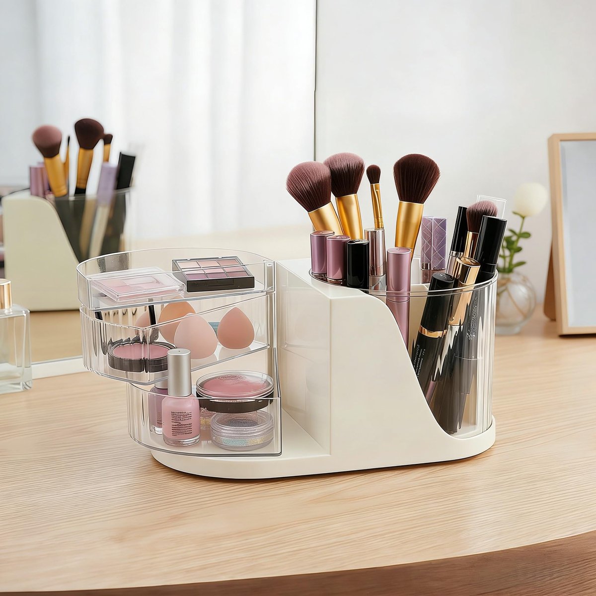 2-in-1 cosmetica-organizer, draaibaar, multifunctionele make-uporganizer met 3 laden, make-up-organizer met grote capaciteit, witte opbergruimte voor make-uptafel, slaapkamer, badkamer
