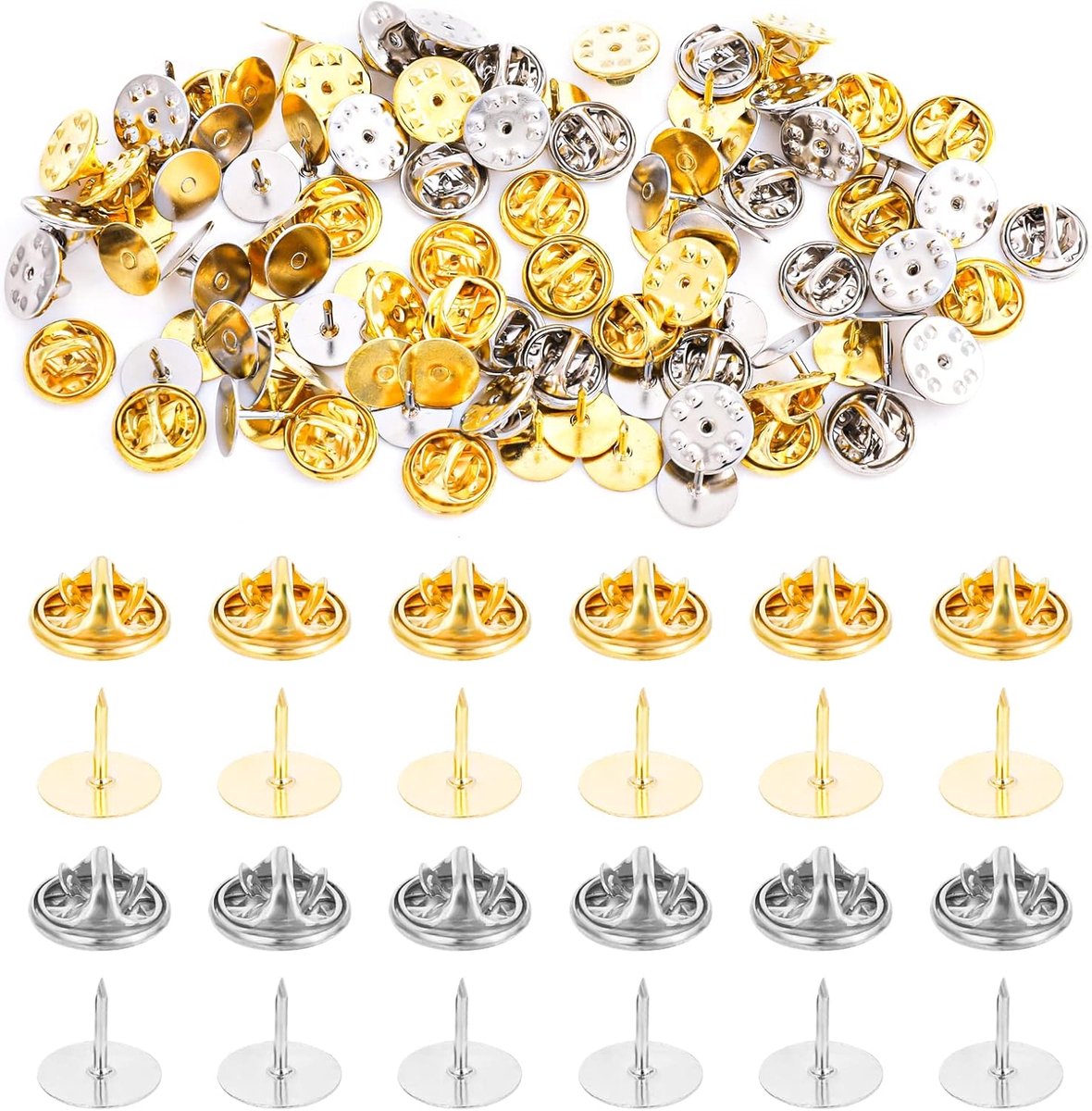 50 sets metalen pin-ruggen, vergrendelende pin-ruggen, vlinder clutch badge vergrendelende pinnen, badges voor ambachtelijk handwerk (goud, zilver)