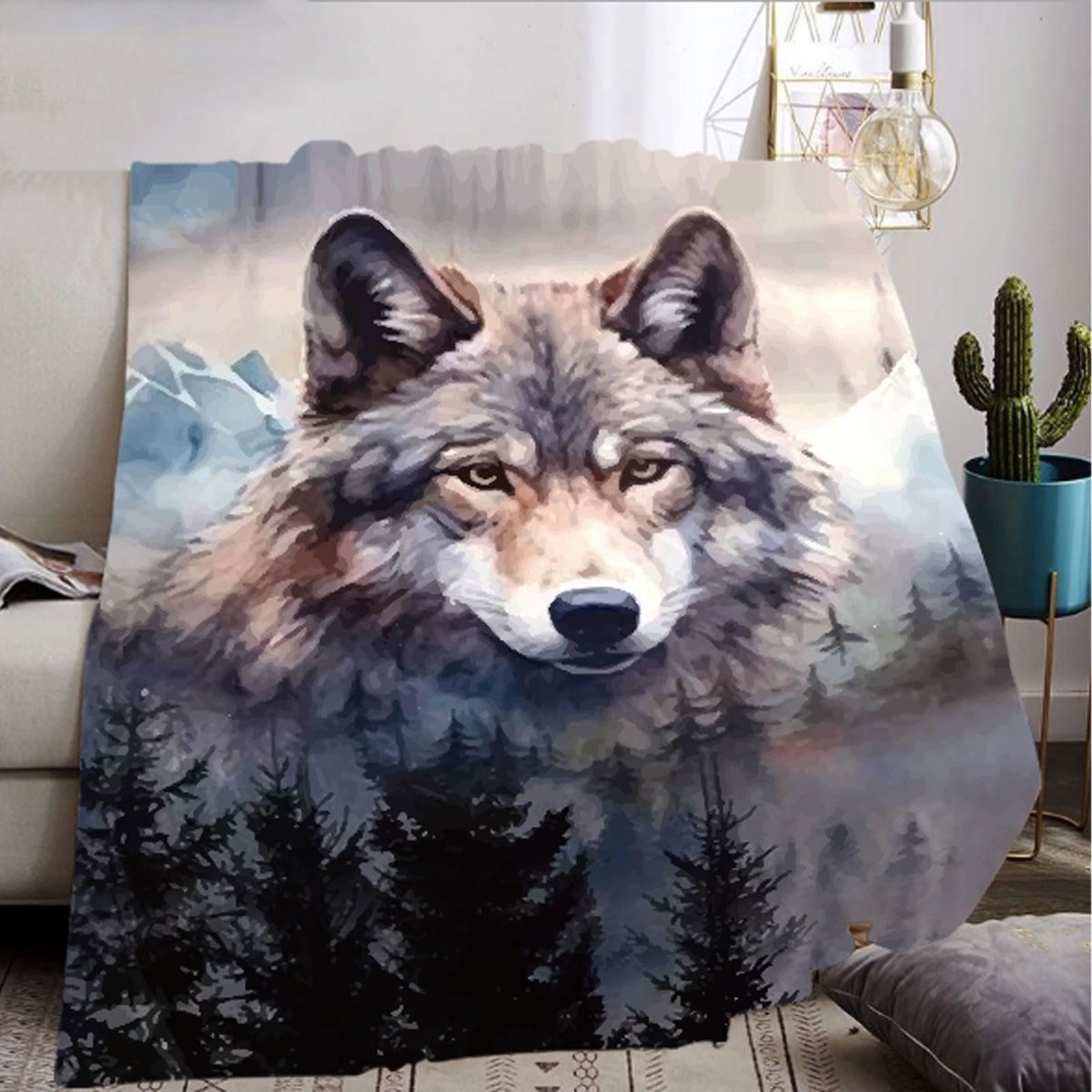 3D-wolf-deken, flanellen deken voor kinderen, wilde dierenpatroon, woondeken, comfortabel en ademend, voor op de camping, voor volwassenen en kinderen (B, 150 x 200 cm)