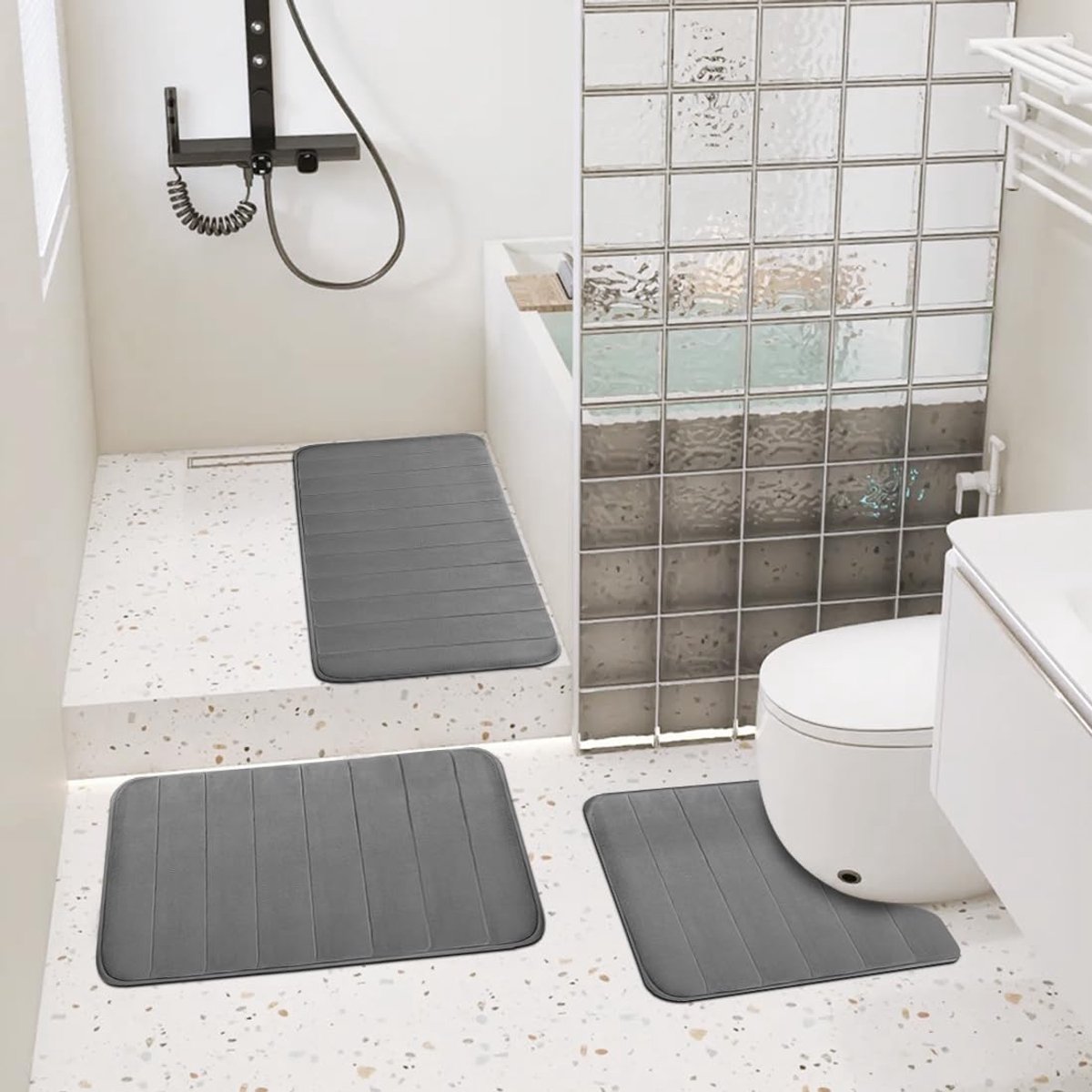 Badmatset 3-delig, zachte badmat van traagschuim en U-vormige wc-mat, antislip, absorberend, wasbaar, badmatset voor toilet, badkuip, douche (donkergrijs)