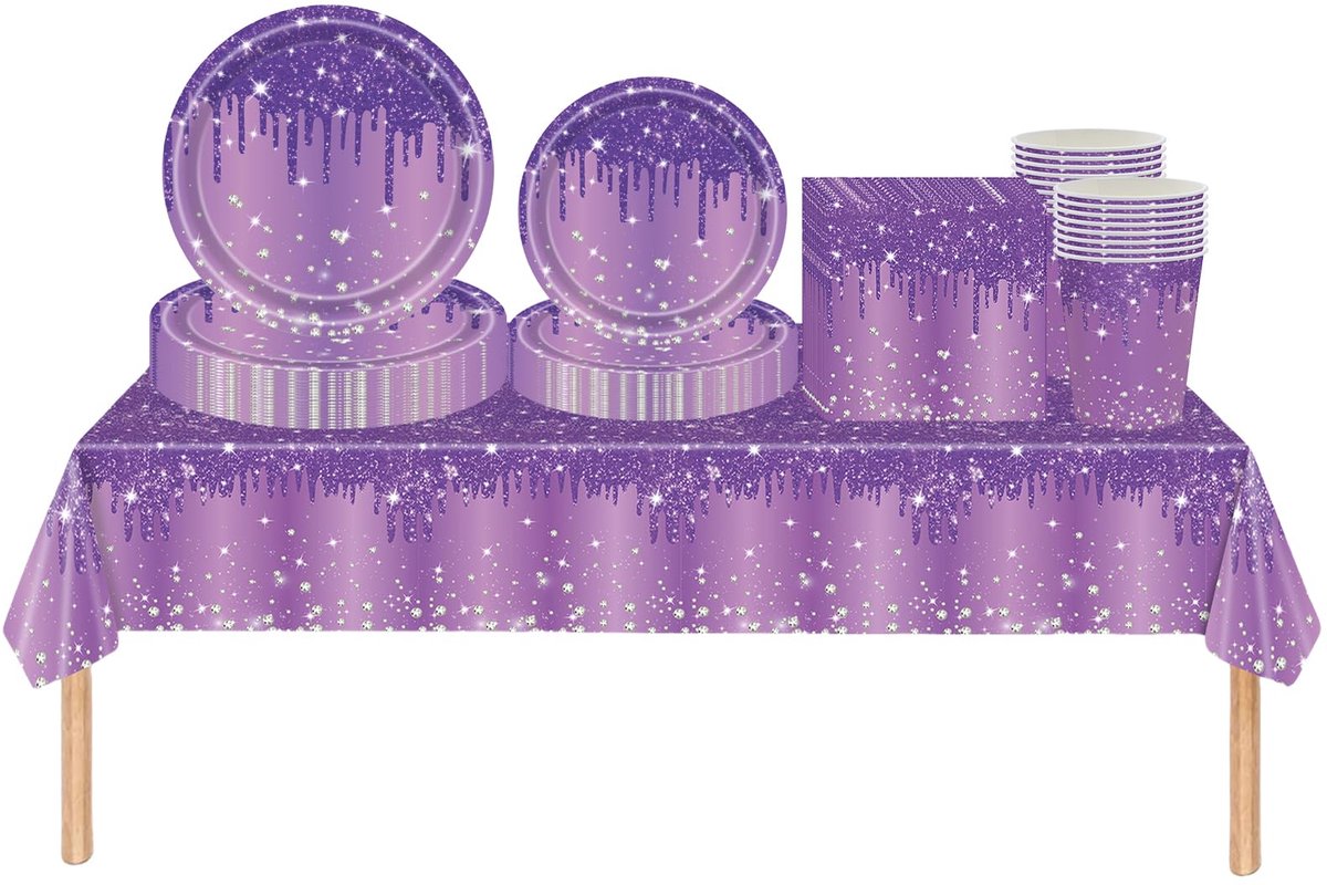 69 stuks paars glanzende glitter diamanten feestservies set plastic tafelkleed, papieren borden servetten en kopjes wegwerp servies set voor kinderen volwassenen verjaardag, Kerstmis Halloween paarse
