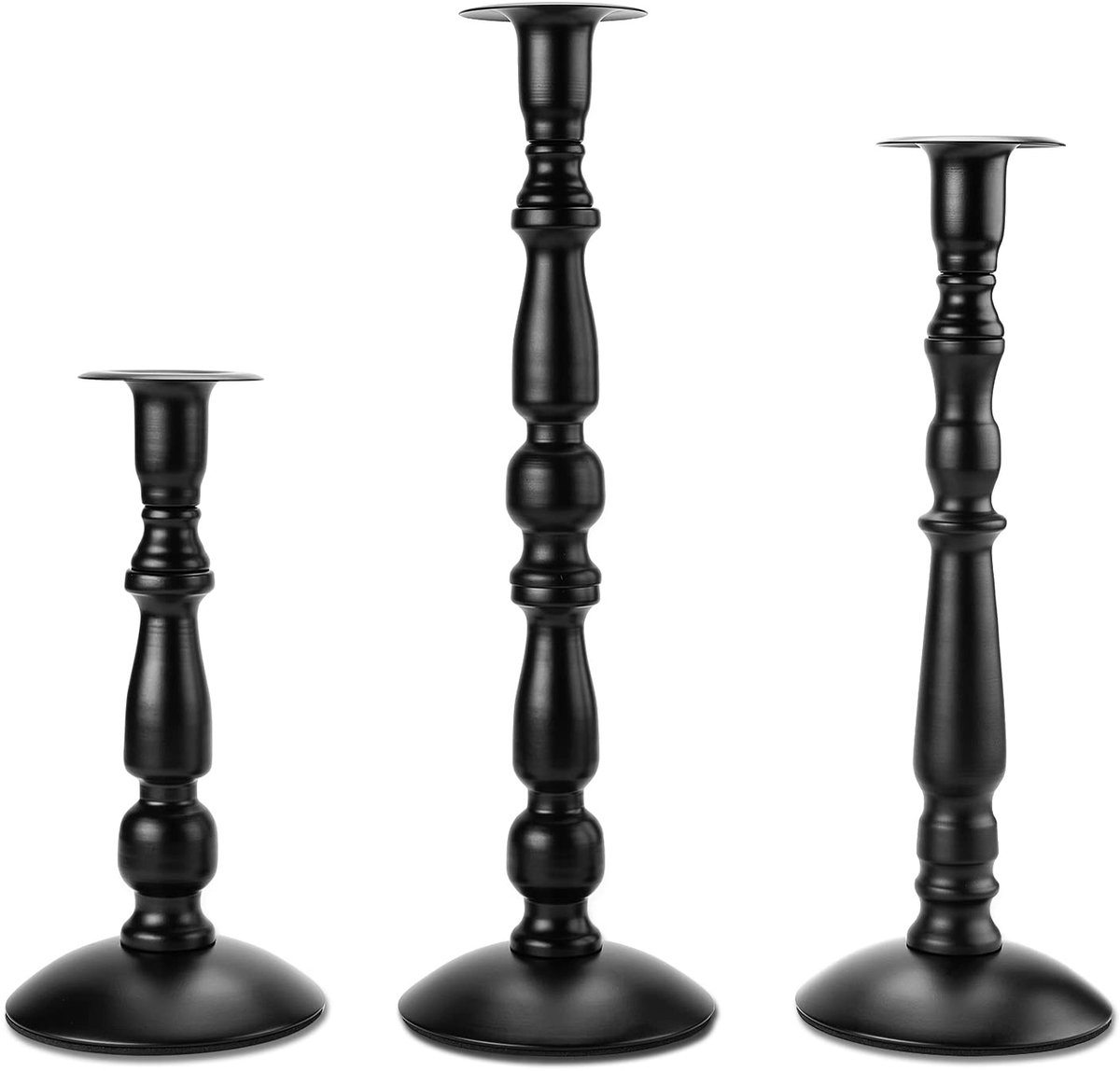 Kaarsenhouder, 3 stuks matzwarte kaarsenhouder, roestbestendig, antislip en duurzaam, metalen taps toelopende kandelaars voor huisdecoratie, bruiloft, verjaardag en jubileum (hoogte: 20 cm/28 cm/32