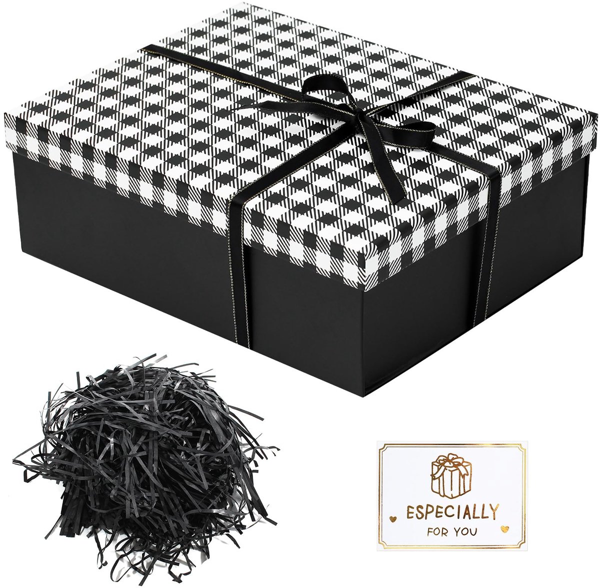 Geschenkdoos met deksel, 25 x 18 x 9 cm, geschenkdoos met strikken, wenskaarten, Raffia hamper Shreds voor bruiloft, verjaardag, Kerstmis, jubileum, Pasen (plaid)