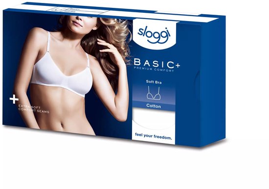 Doos van Sloggi Basic+ soft bra, met een model erop.