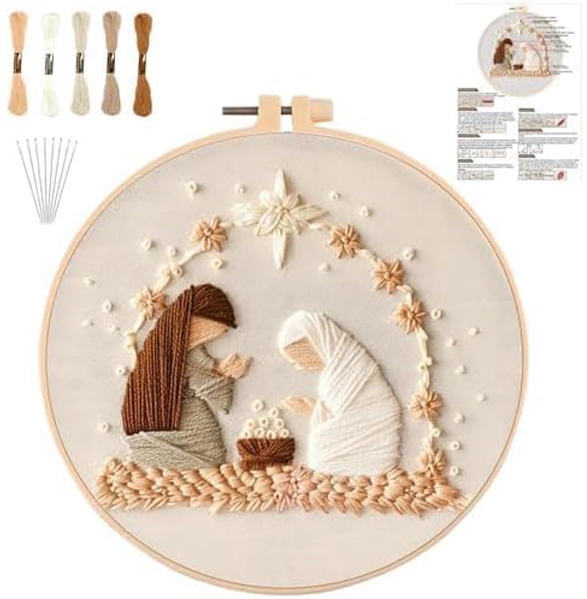 Stick-Set, Kerstmis Kruissteek-Set, DIY Borduurset voor Volwassenen met Patroon, Katoengaren, Naalden, Instructies, 20 cm Frame, voor Thuisdecoratie (Krippe)
