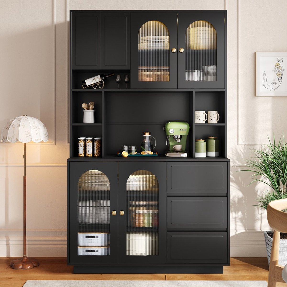 KOMHTOM Dressoir - Hoge Dressoirkast - Keukenopbergkast - Barkast - Woonkamer - Acryl Deuren - Open Vakken - LED Verlichting - App Bedienbaar - Kleur Verstelbaar - Opbergruimte - Modern Design