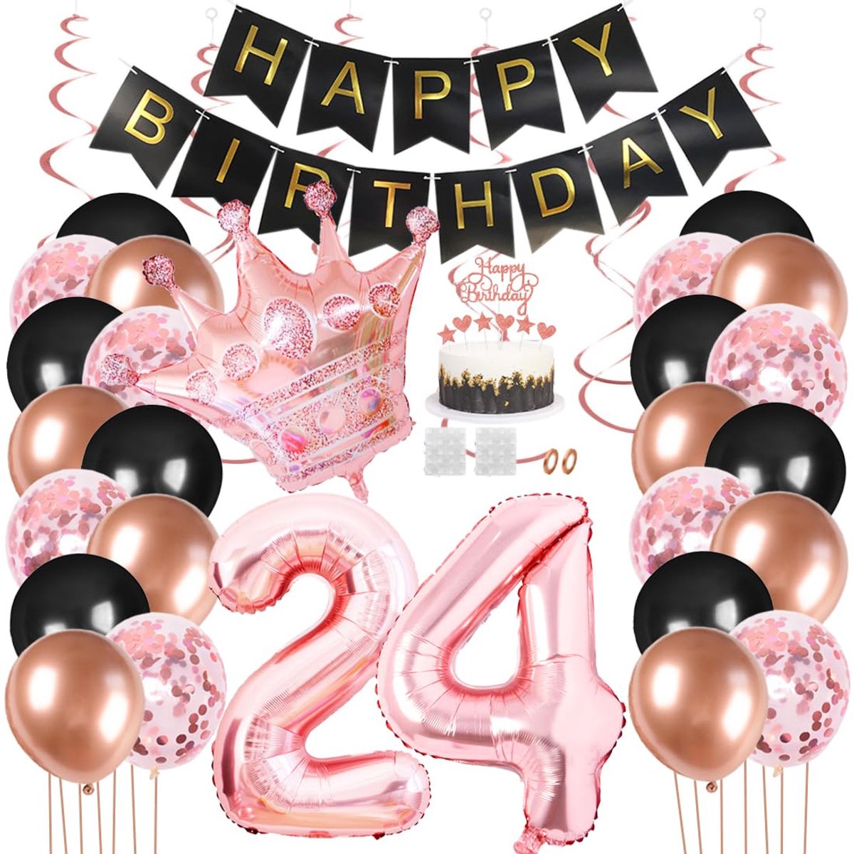 24e verjaardagsfeestdecoraties zwart goud roos Happy Birthday-banner latex ballon confetti ballon roze kroon 24 cijfer folieballon hangende werveling met taarttopper voor jongen, meisjes,