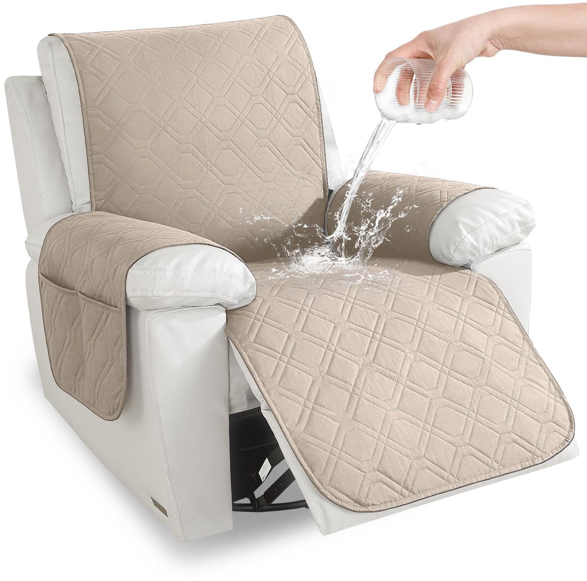 Stoelbescherming Waterdicht 1-Zits, Stoelbeschermer Antislip Afneembaar, Relaxstoelbeschermer Huisdiervriendelijk, Stoelhoes Voor Tv-Stoelen Met 2 Zakken, Beige