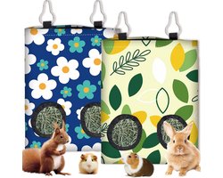 2-delige 2-stijlen Konijn Hooi Voer Zakken voor Cavia's Chinchilla's 29,5 x 23,1 cm Hangende Hooi Zak met 2 Gaten Bloemen Bladeren Stof Wasbaar Dierenvoeding Opslag Kooi Accessoires