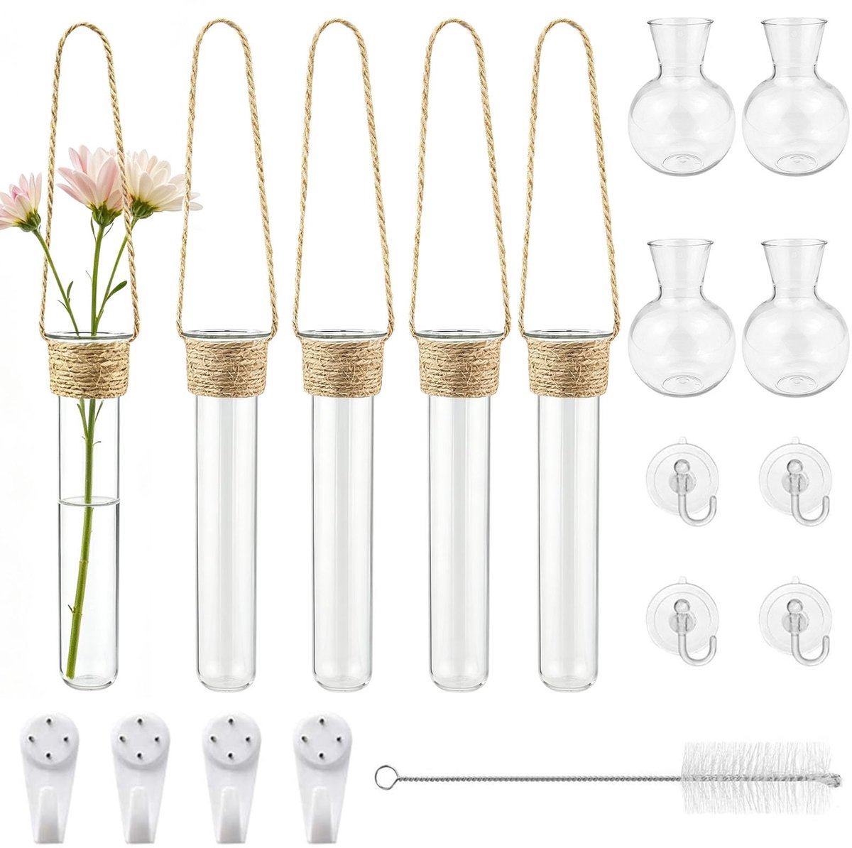 4 stuks GZLCEU reageerbuizen voor bloemen en 4 stuks wandvazen zuignap hangende vazen glazen wandvazen glazen set voor hydrocultuur planten met haak en reinigingsborstel
