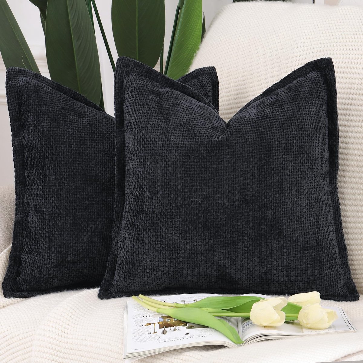 Set van 2 Zacht korte Chenille Fluwelen Franje kussenslopen decoratief kussenhoes voor sofa slaapkamer kussensloop 60x60 cm Zwart
