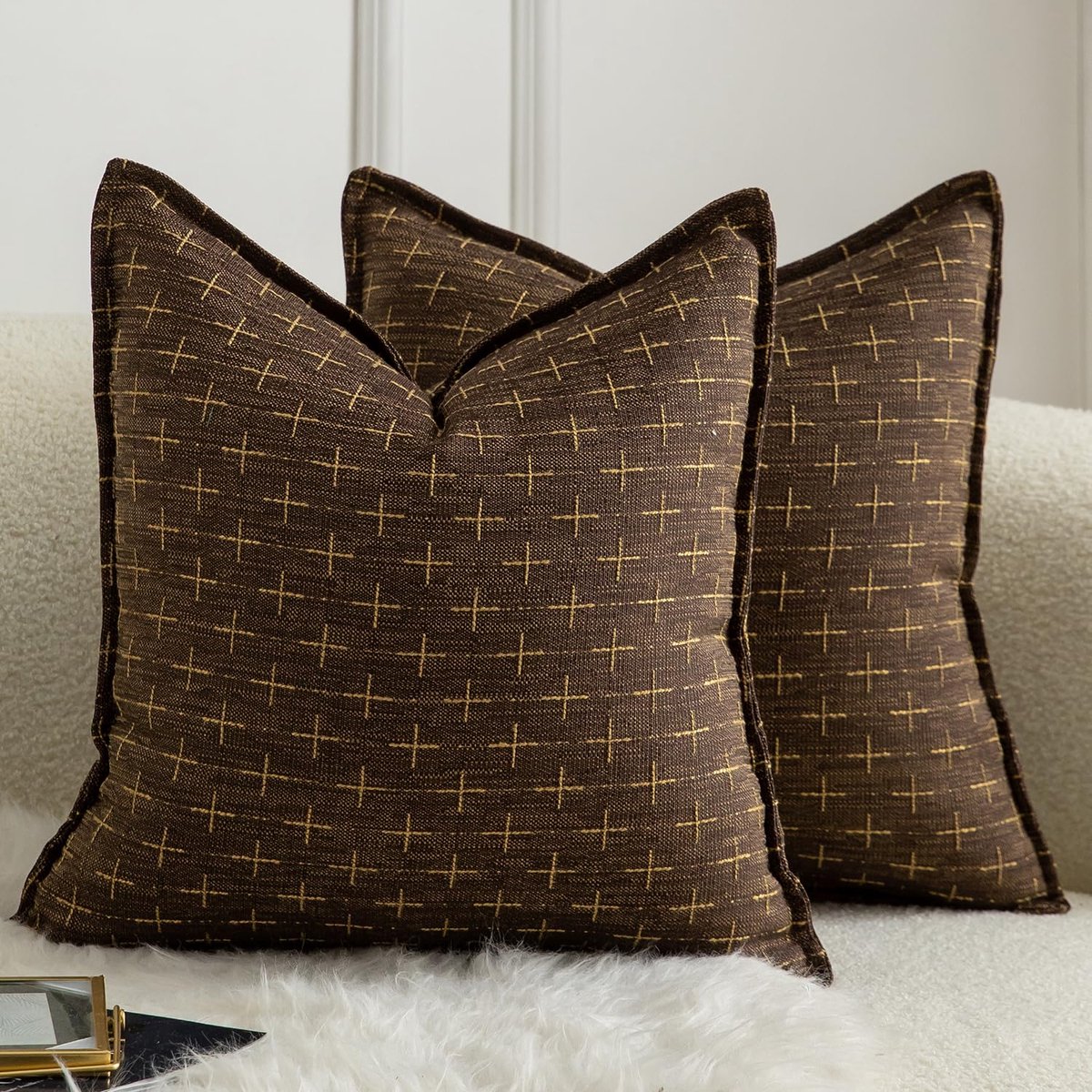 Set van 2 kussenslopen, hennepdoek, geweven textuur, moderne boerderij, decoratieve kussensloop, woonkamer, bank, slaapkamer, bed, 65 x 65 cm, diepbruin