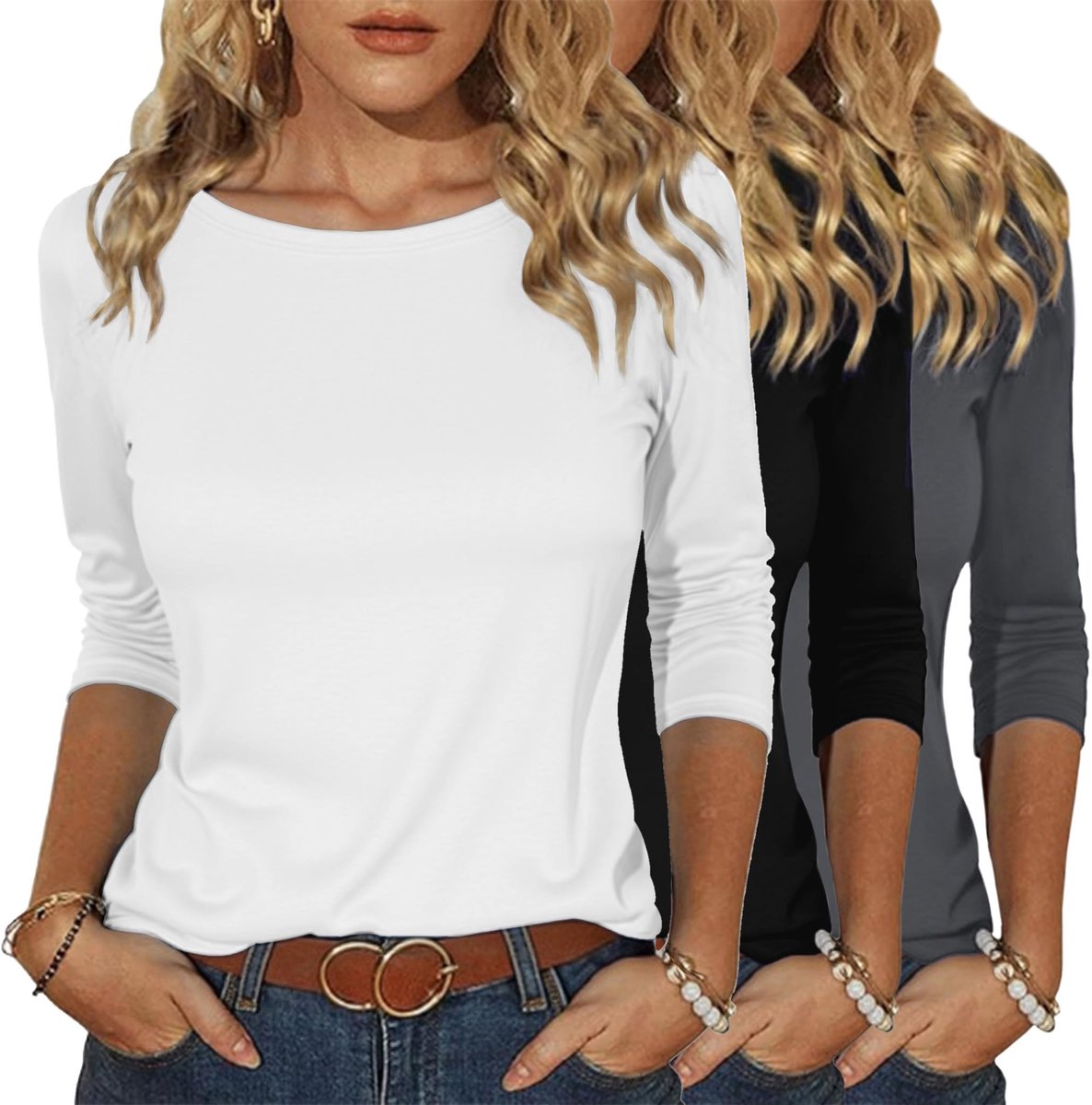 Dames T-shirt 3/4 mouwen shirt boot hals licht bovendeel effen basic tee tops stretch elegante top