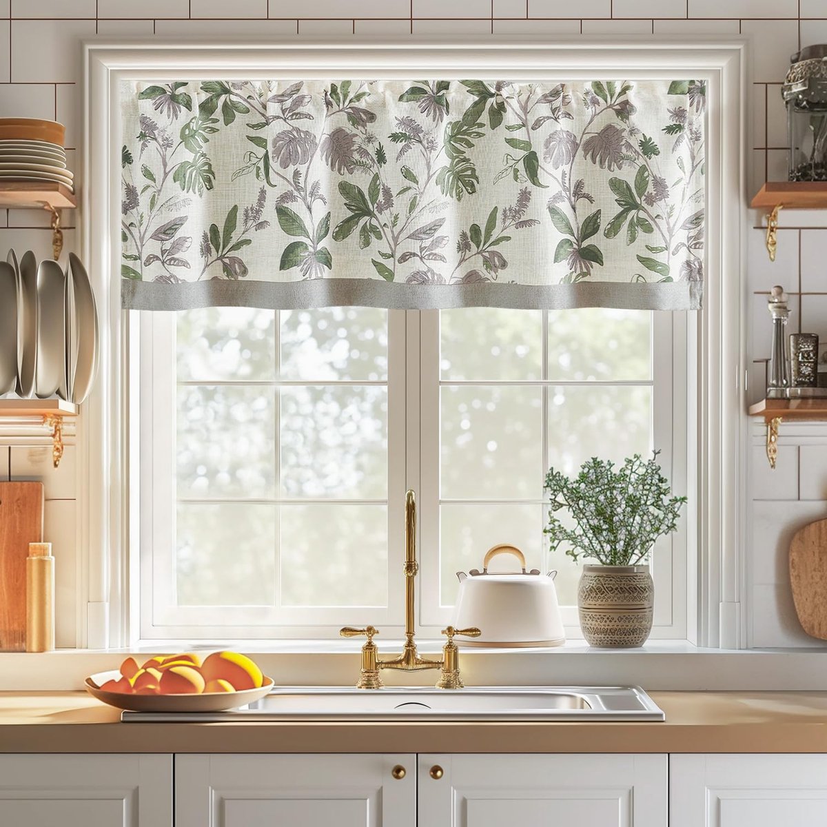 Linnen Valance dubbellaags keukengordijnen groen blad op beige korte vitrage voor ramen woonkamer boerderij keuken verduistering natuurlijke stijl staaf pocket 125 B x 45 H (cm) x 1