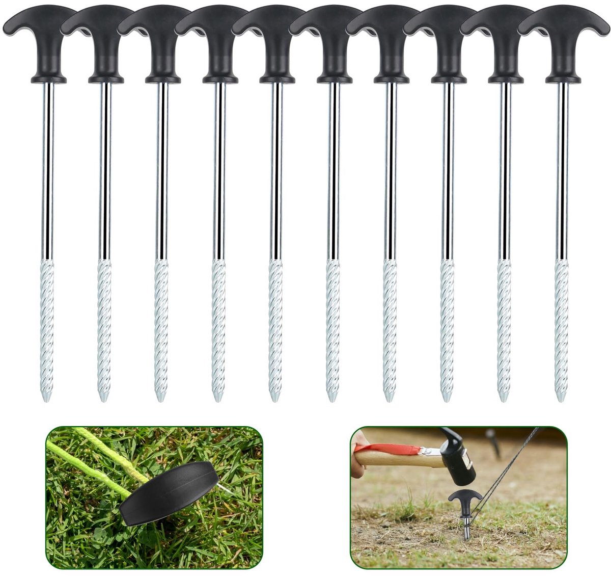Tentharingen van staal, 10 stuks, robuuste stalen haringen met schroefdraad en kabelhouder, 21 cm, camping-schroefharingen, outdoor, metalen tenthaken, tentbevestiging, haringen voor tent,