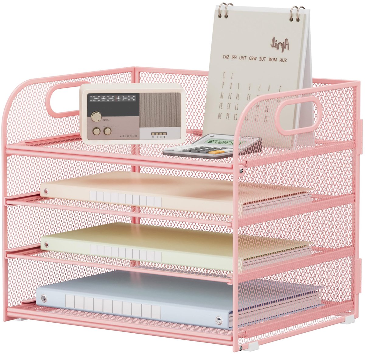 Bureau-organizer, 4 niveaus brievenbak, stapelbare dossierhouders, opbergvakken met handvat, kantoorbenodigdheden voor A4-documenten, papier, boeken, tijdschriften (Roze)