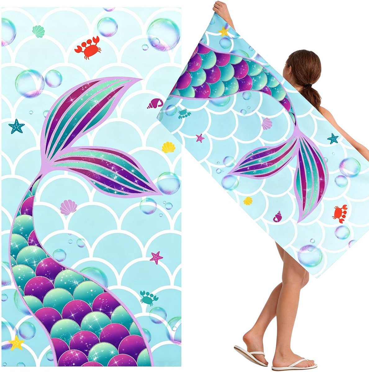 Zeemeerminnenstrandhanddoek voor kinderen, 76 x 150 cm, zandvrije handdoeken voor meisjes, (zeemeermin)