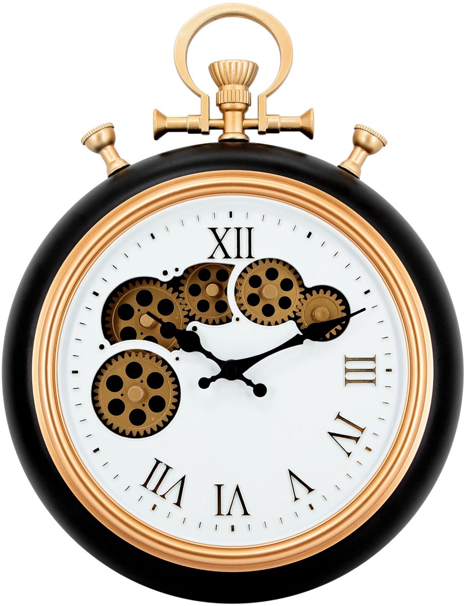 Wandklok Retro Zakhorloge Ø30 cm – Zwart Goud – Vintage Industrieel Design met Bewegende Tandwielen – Quartz Uurwerk – Luxe Metalen Klok voor Woonkamer, Keuken & Kantoor