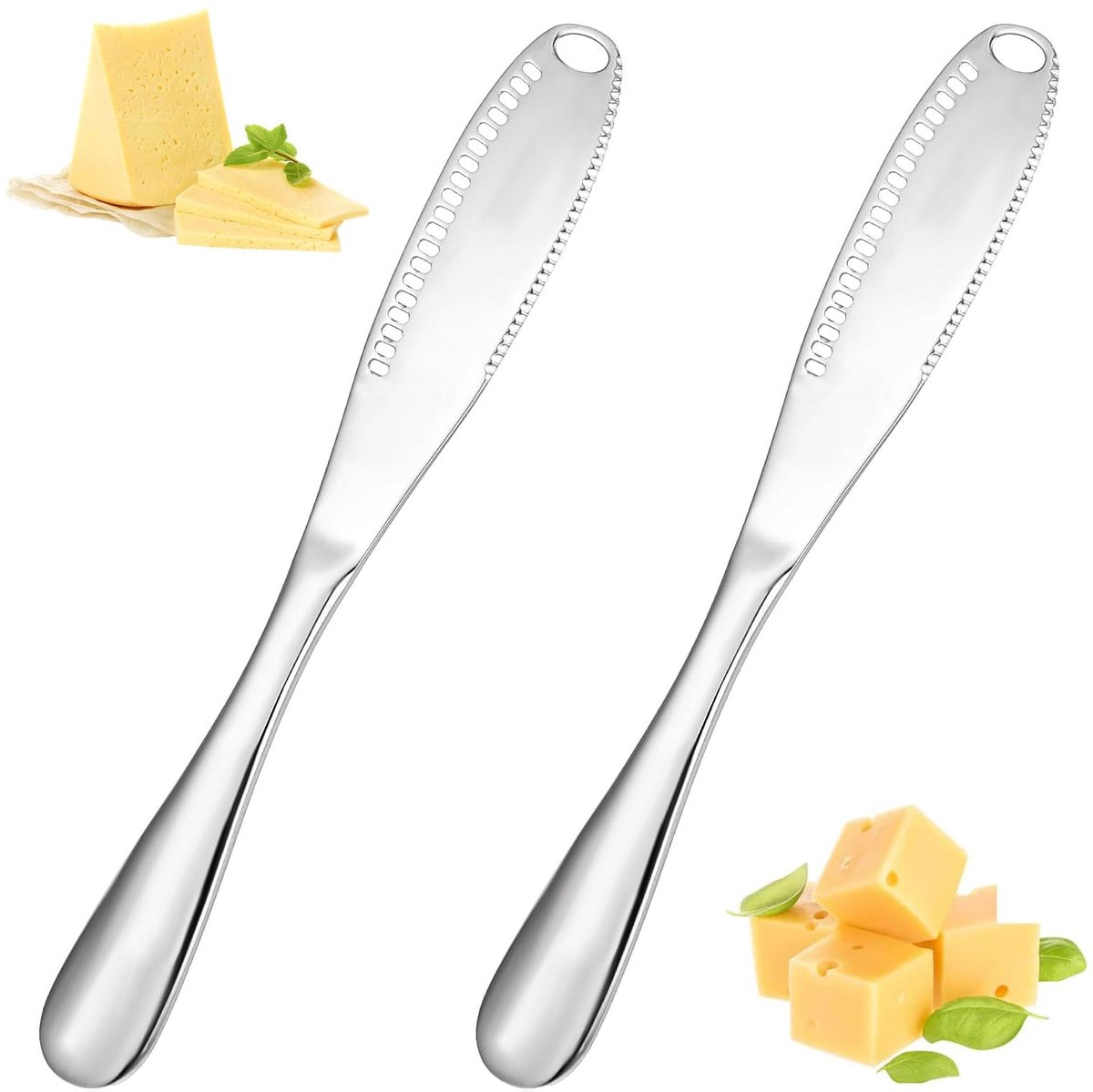 Botermesverspreider, 2 stuks 3-in-1 roestvrijstalen botermes met gaten, boterstrooier, kaaskruller en microrasp voor eenvoudig snijden, verspreiden en versnipperen van boterkaas