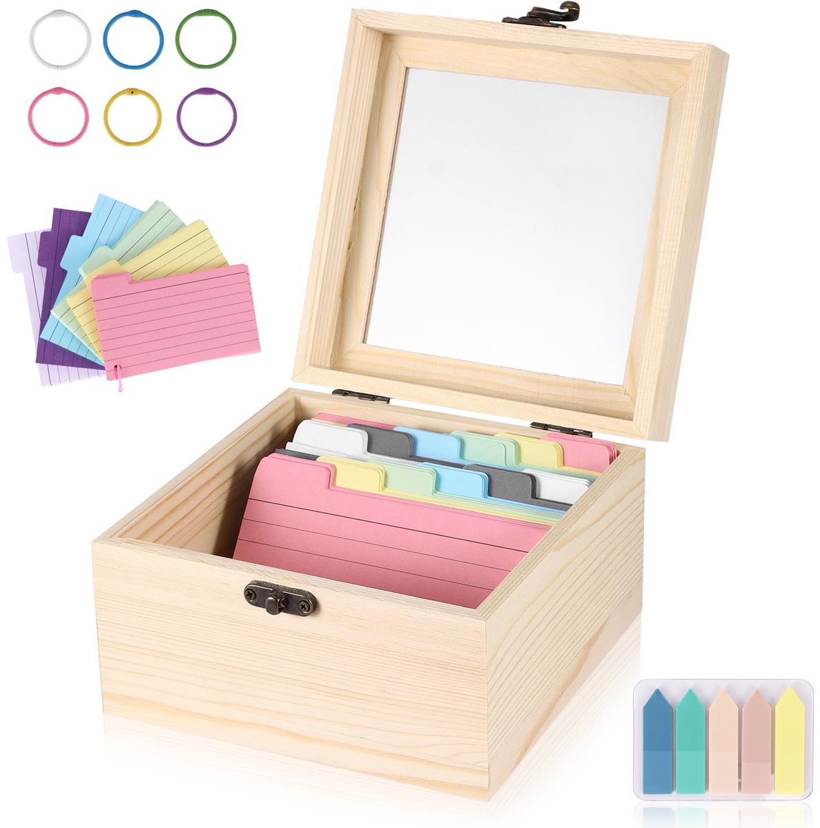 Opbergdoos met 300 meerkleurige indexkaarten en 100 meerkleurige labelstickers, flash-kaart-opbergdoos met 6 gekleurde ringgespen voor receptkaarten sieraden