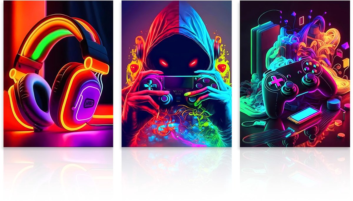 3 Stuks Neon Gamer Wanddecoratie Set, Levendige Koptelefoon Speler Controller Posters Voor Gameroom Slaapkamer 30x40 Cm Zonder Lijst