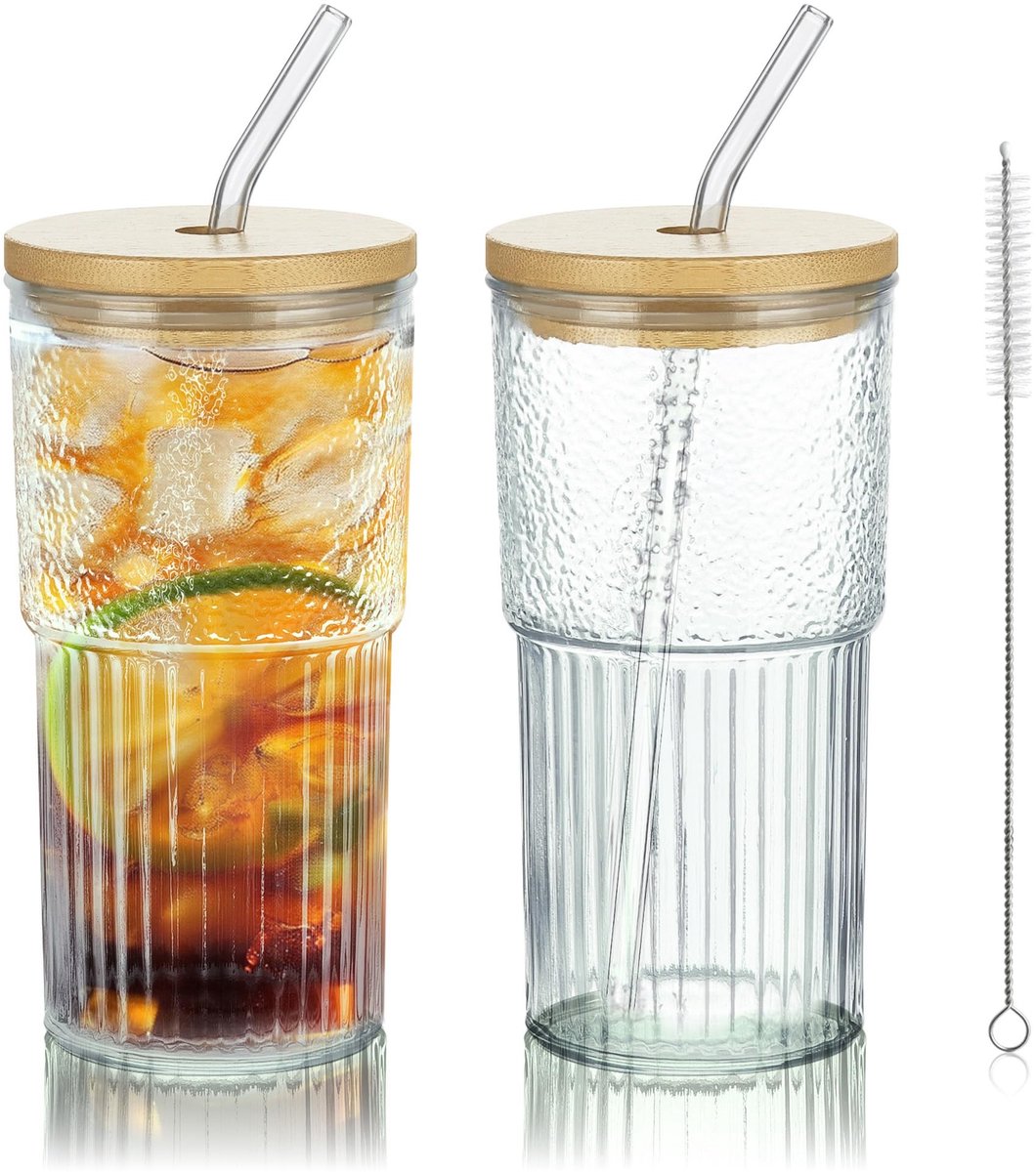 Dailygoods- Glazen Bekers 720 ml - Set van 2 - Transparant - Origami Prismatisch Reliëf - Geschikt voor Koffie/Smoothies - Ideaal voor Thuis/Kantoor - Drinkglazen