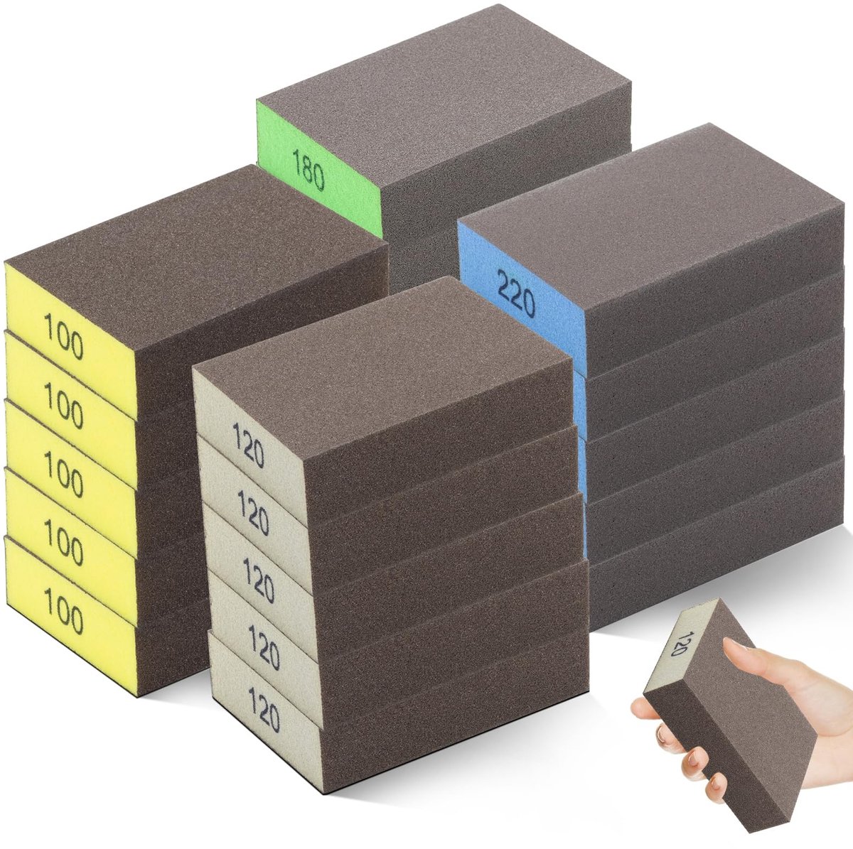 Dailygoods - Schuursponzen, schuursponzen, hout, herbruikbaar, schuurpad, korrel 100/120/180/220, schuurblokken, fijn voor het slijpen, hout, polijsten, metaal, 20 stuks