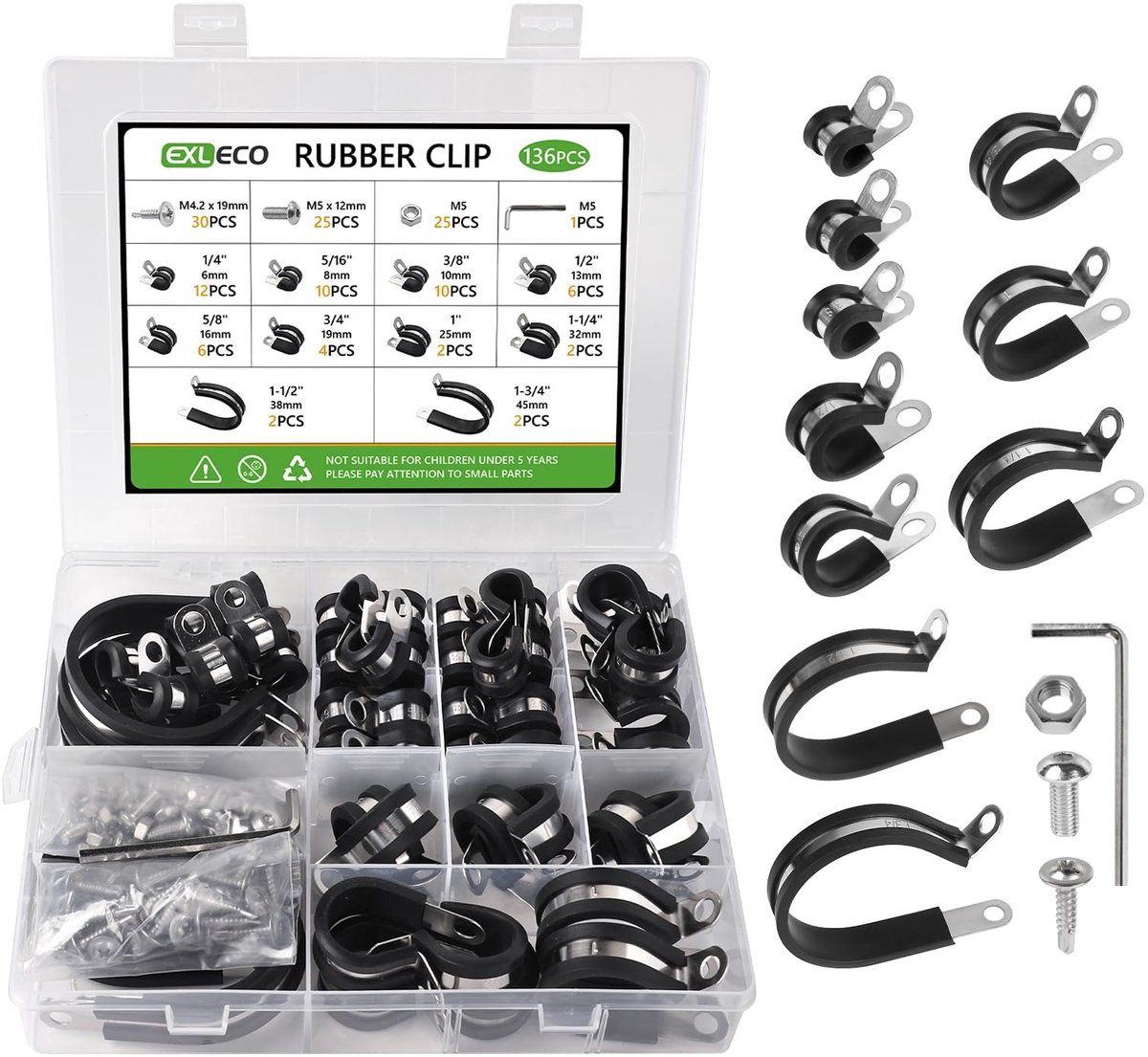 Dailygoods - EXLECO 136 stuks kabelklemmen om vast te schroeven, kabelklemmen, roestvrij staal, kit, rubber, P-clips, buisklemmen met rubberen inzetstuk, buisklem voor leiding, draad, buis, 6 mm, 8 mm, 10 mm, 13