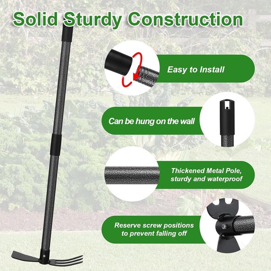 Tuinhak met steel, 76 cm, multifunctionele dubbele hak met 3 tanden, metaal, onkruidhark, plantenhaak, tuingereedschap, tuingereedschap, tuingereedschap voor het losmaken, luchten en wieden van — afbeelding 3