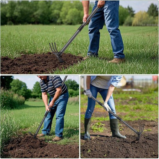 Tuinhak met steel, 76 cm, multifunctionele dubbele hak met 3 tanden, metaal, onkruidhark, plantenhaak, tuingereedschap, tuingereedschap, tuingereedschap voor het losmaken, luchten en wieden van — afbeelding 5