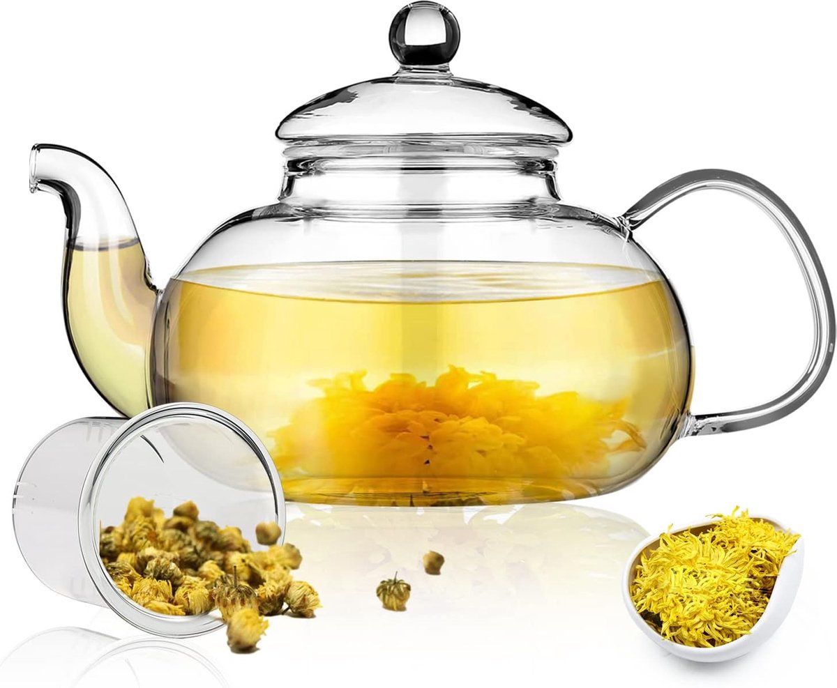 1000ml glazen theepot met verwijderbare infuser voor bloeiende en losse blad theemaker set, kookplaat voor magnetron veilige theeketel.