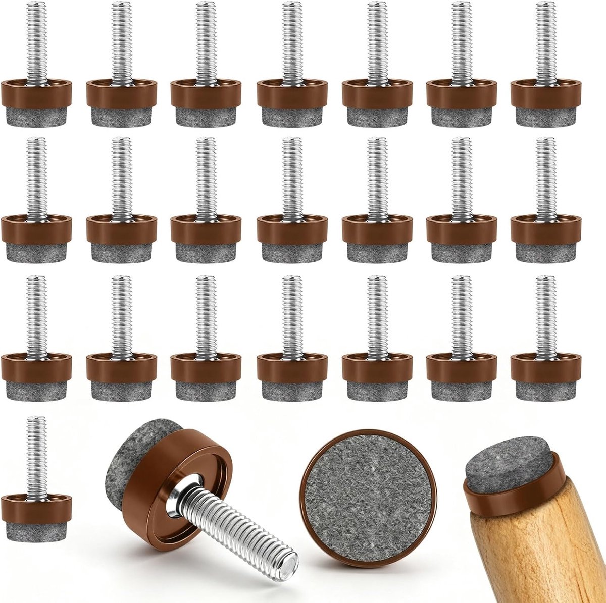 24 stuks M6 viltglijders met schroefdraad, 19 mm, stoelglijders, meubelpoten, meubelglijders, roestvrij staal, nivellerpoten, ronde glijders voor stoelen, tafel, meubels, vloeren (bruin)