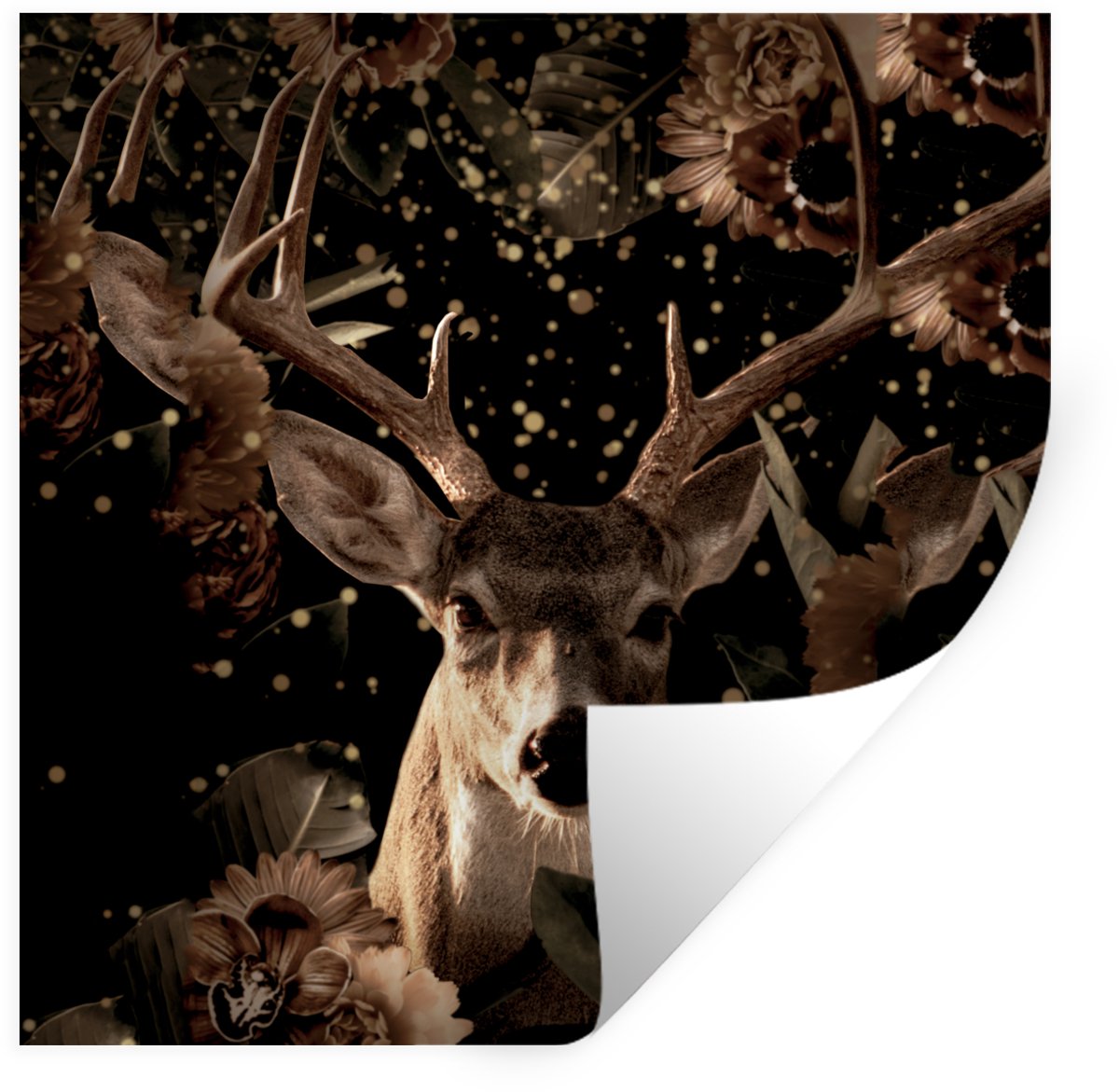 Muurstickers - Sticker Folie - Hert - Bloemen - Licht - Botanisch - 30x30 cm - Plakfolie -