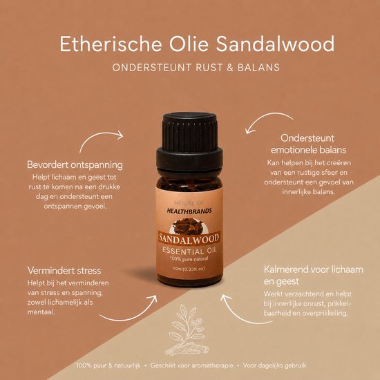 Flesje sandelhout etherische olie van House of Healthbrands. Tekst: 'Etherische Olie Sandalwood', 'Ondersteunt rust & balans', 'Bevordert ontspanning', 'Vermindert stress', 'Ondersteunt emotionele balans', 'Kalmerend voor lichaam en geest'.