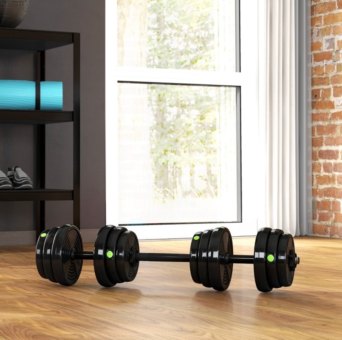 MEUNIQ 2-in-1 halterset 25 kg verstelbaar, korte en lange halter in één, met antislip handgrepen en kunststof beklede gewichten voor thuisfitness, zwart
