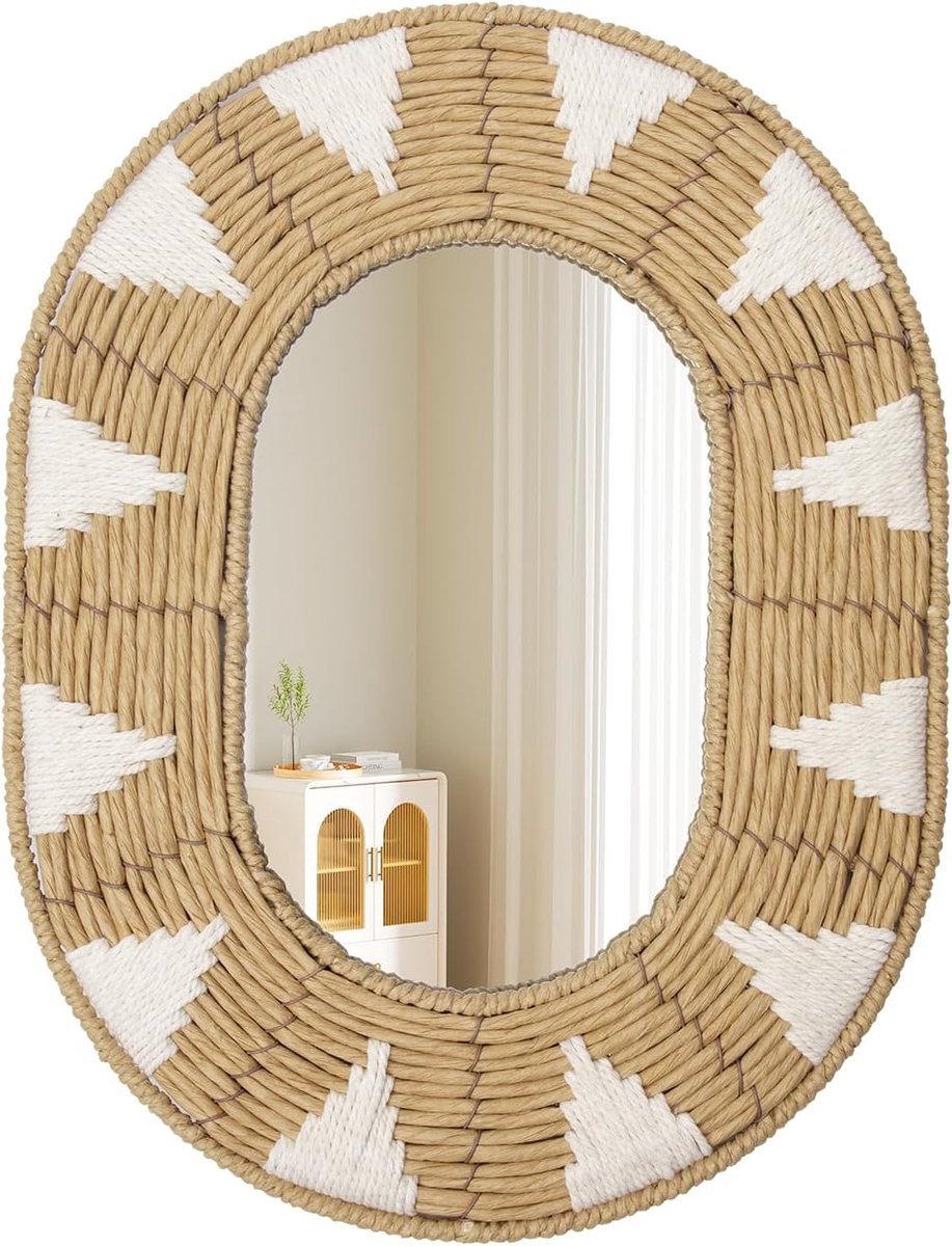 Wandspiegels Ovale Wandspiegel Rustieke Houten Spiegel Handgeweven Boho Spiegels voor Muur Opknoping Decor voor Thuis Badkamer Woonkamer Entree Slaapkamer, 42cm x 32cm