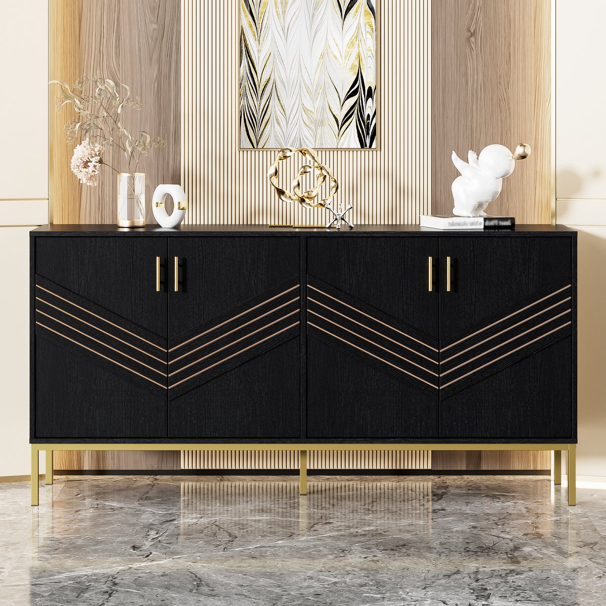 Zubaliya Sideboard - 160x40x80,5 cm zwart/goud - geometrisch patroon - metalen poten & handgrepen - verstelbare planken