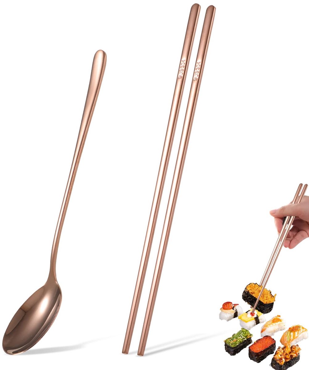 Dailygoods- Eetstokjes Set - Herbruikbaar - Roestvrij Staal - Eetstokjes voor Kinderen - Eetstokjes Vaatwasserbestendig - Eenvoudig te Reinigen - 2 Stuks inclusief Lepel - Chopsticks