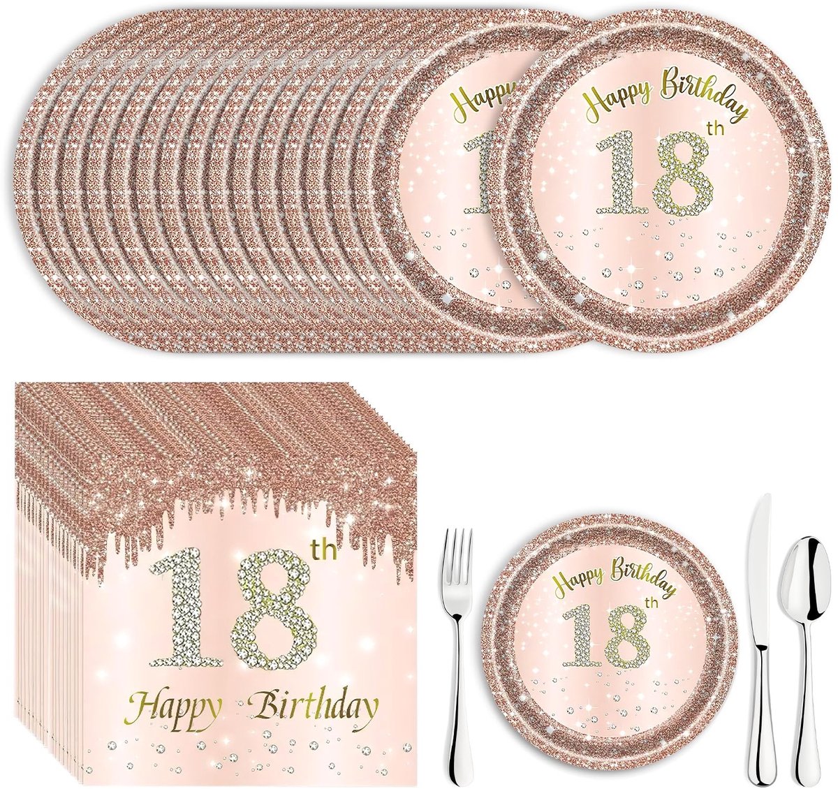Dailygoods - APOMOONS 18e verjaardag meisjes, 16 papieren borden en 20 servetten, 16,5 cm roze, 18 cm dienblad