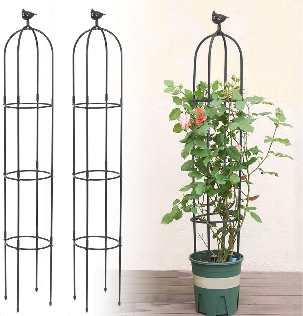 2 stuks Tuinlatwerk voor Klimplanten, Kalolary 6 Voet Zwarte Tuintoren Obelisk Hekwerk Roestvrij Metalen Potplant Klimsteun voor Binnen Buiten Bloemen Groente Fruit Wijnstokken Ondersteuning