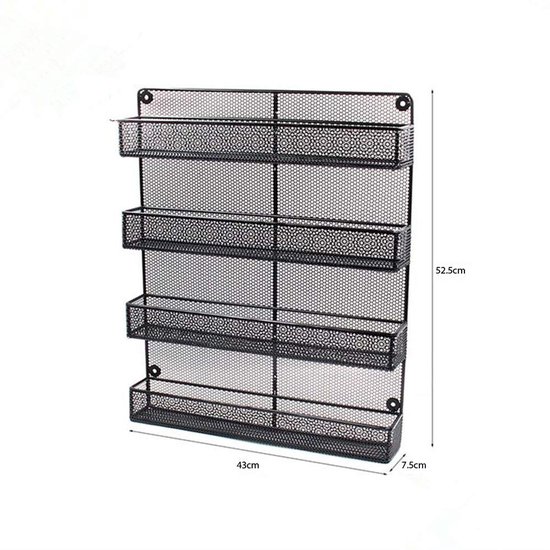 Wandkruidenrek voor kruiden en specerijenpotjes, 4-vaks keukenrek, Opslagrek voor Kruidenpotjes, Keukenplank Organizer, Keuken Wandrek, staal, 43 cm x 7,5 cm x 52,5 cm - Zwart — afbeelding 3