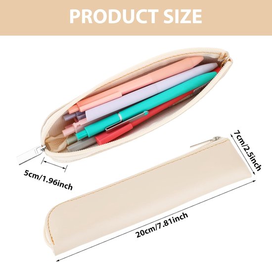 PU Lederen slanke etui, 2 stuks kleine pennenetui voor 4-6 pennen draagbaar briefpapier zakje cosmetische tas minimale make-up organizer rits opbergtas voor reizen zakelijk (zwart + wit) — afbeelding 2