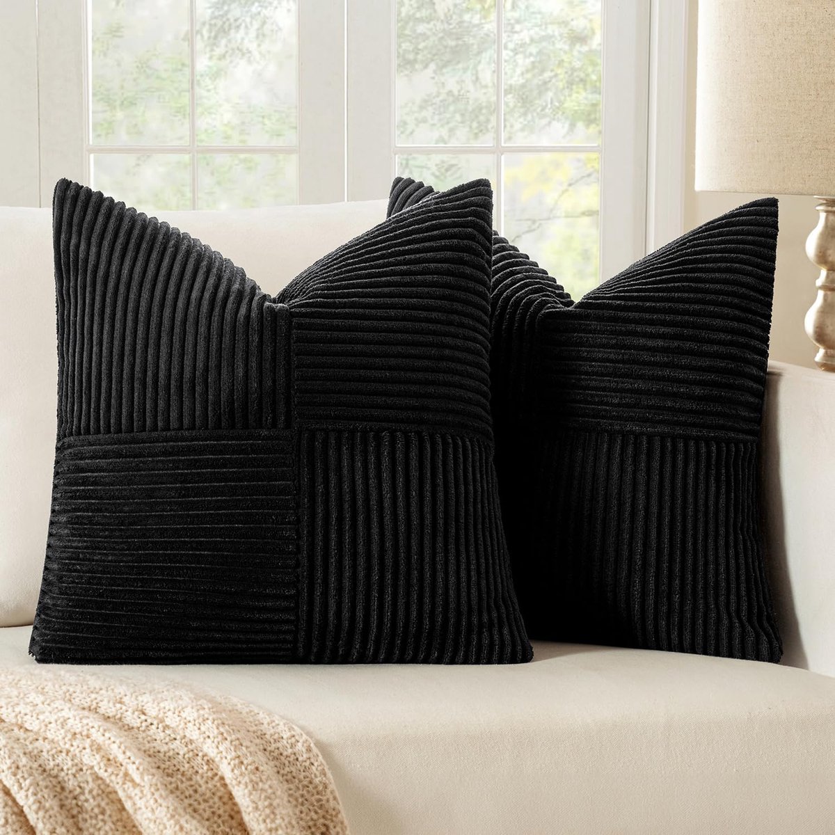 Set van 2 kussenslopen, 45 x 45 cm, zwart, kussenhoezen, bankkussen, sierkussen, boho, bankkussen, corduroy, decoratieve sierkussenhoes voor bank