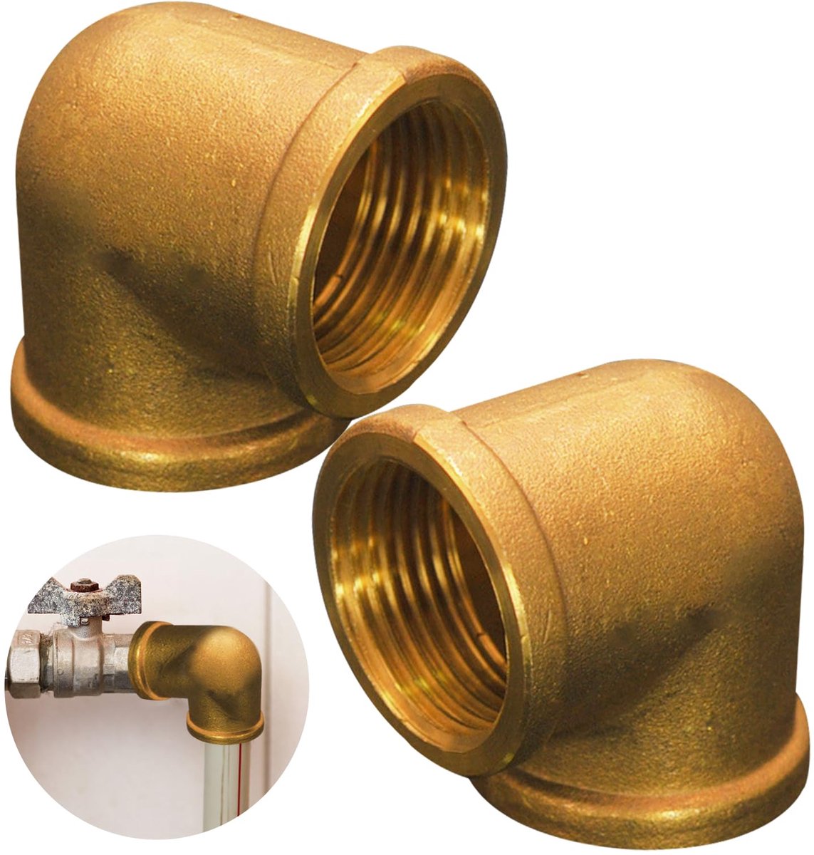 2 stuks messing hoek 90°, 3/4" IG/IG, 3/4 inch messing boog 90 graden, 90 graden messing schroefdraadfitting, 3/4 inch binnendraad, buishoek boogadapter, messing buishoek voor irrigatiesystemen