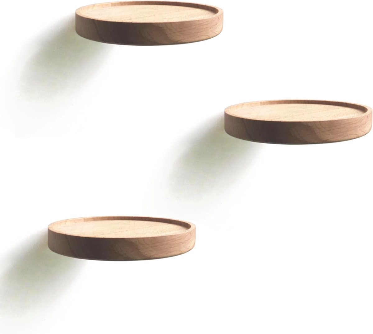 Zwevende Plank Set van 3 Ø15cm | Kleine ronde wandplank van massief beukenhout: Stabiele Zwevende plank voor planten, foto’s in woonkamer of kantoor.