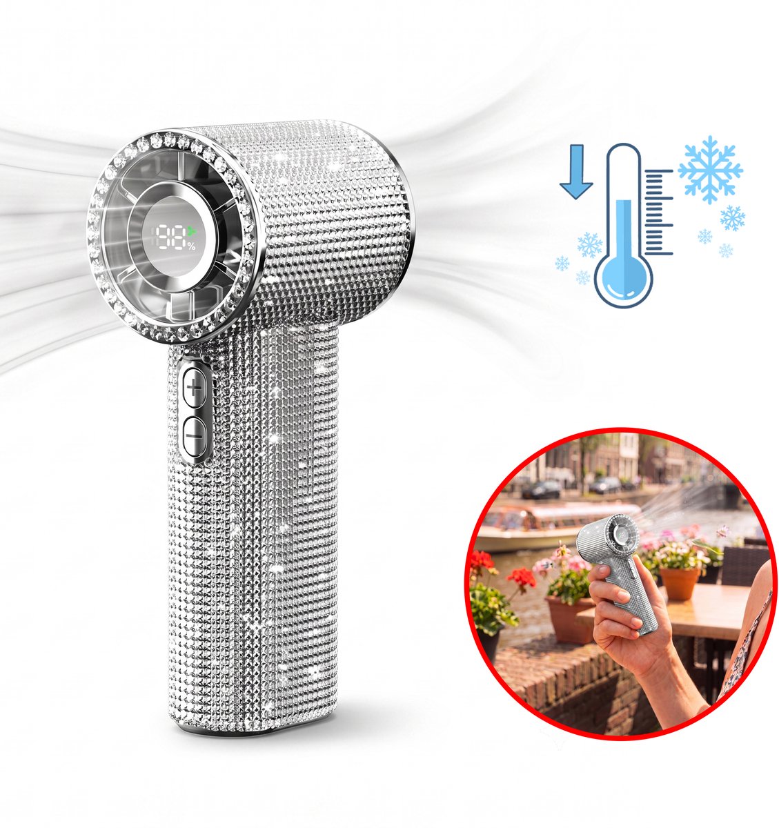 Best Active Mini Handventilator - Oplaadbare Kleine Ventilator - 199 Windstanden - Draagbare Handventilator met Digitaal Display - 1200 mAh - Voor Thuis, Kantoor & Onderweg - Zilver Glitter