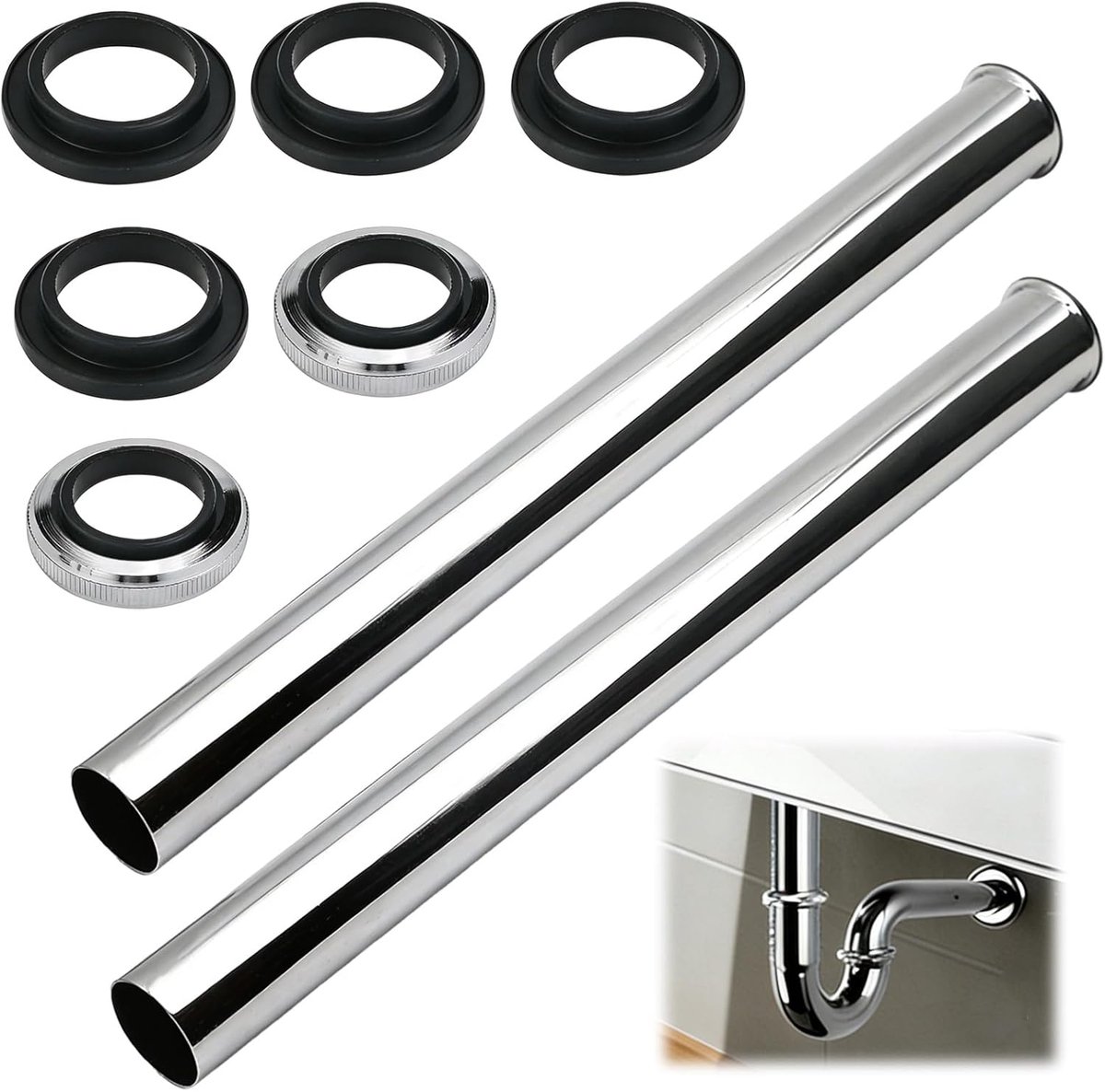 2 stuks 300 mm lange dompelbuis, sifon voor afvoerverlenging, verstelbare buis, sifonbuisverlenging met afdichtringen en moer voor buissifon, flessifon, wastafel
