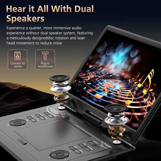 17,9-inch draagbare dvd-speler voor kinderen met 15,6-inch draaibaar scherm, oplaadbare accu (5 uur), dvd-speler voor in de auto met luid stereogeluid, afstandsbediening, ondersteuning voor tv-synchronisatie, regiovrij (USB/SD/AV), zwart — afbeelding 5