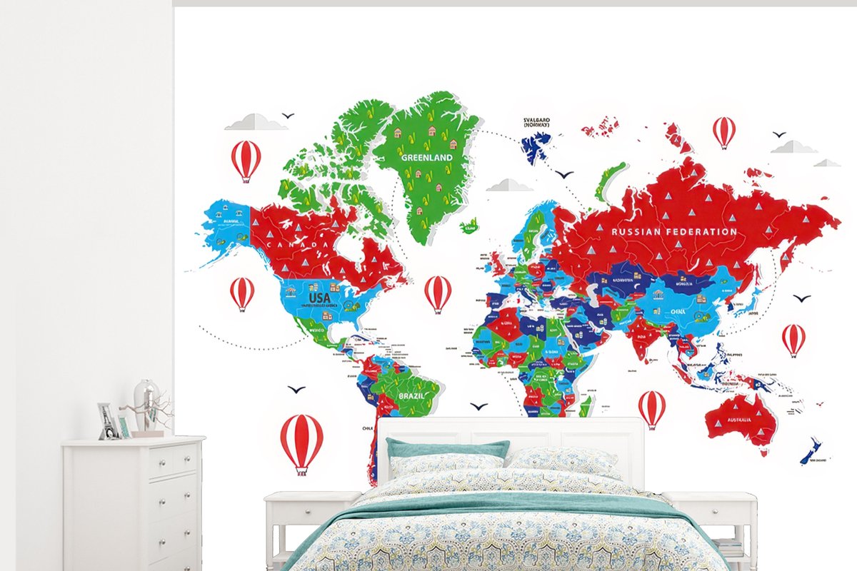Behang - Fotobehang Wereldkaart - Kleuren - Luchtballon - Breedte 300 cm x hoogte 240 cm