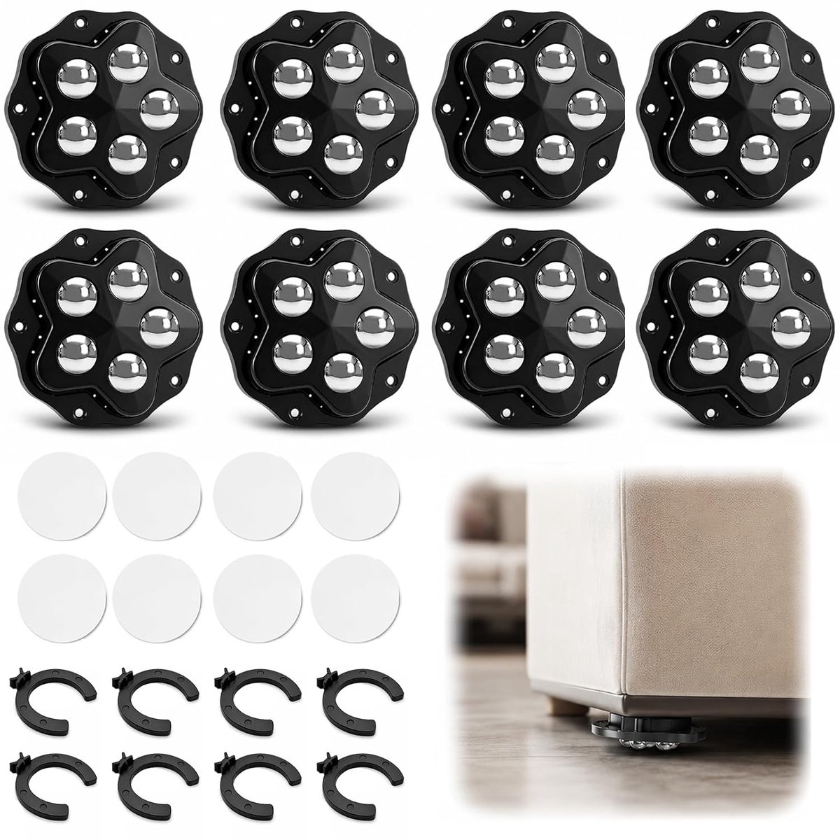 Kogelwielen voor meubels, 8 stuks, kleine kogelwielen, zware meubelwielen, plat, zware belasting, 360° wielen voor keukenapparatuur, zelfklevend, met 5 stalen ballen en 8 remmen voor bank, keukengerei
